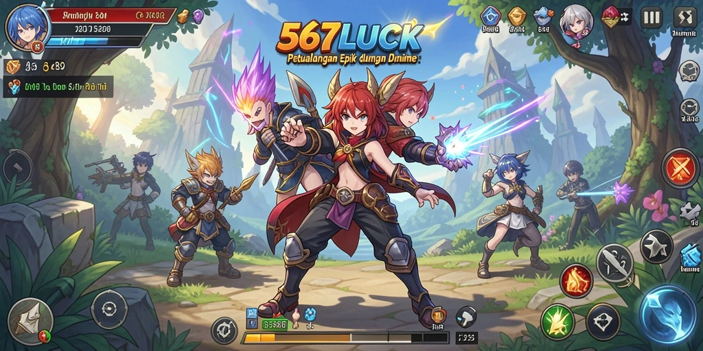 Screenshot gameplay 567LUCK yang menampilkan karakter anime dalam aksi.