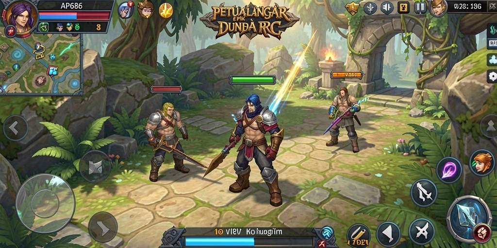 Tangkapan layar gameplay RPG AP686 menunjukkan pertempuran epik dan eksplorasi dunia.
