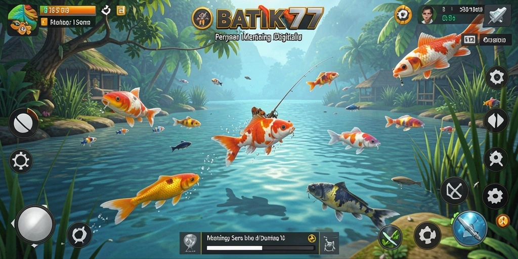 Tampilan tangkapan layar gameplay BATIK77 menampilkan aksi memancing yang seru.