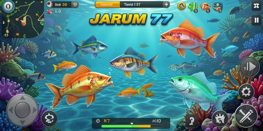 Screenshot gameplay JARUM77 menampilkan aksi seru menembak ikan.