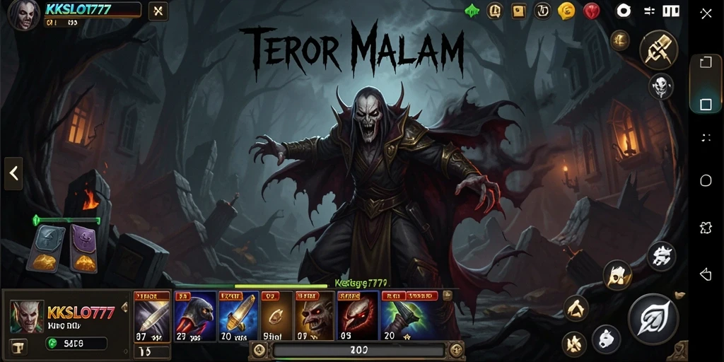 Screenshot KKSLOT777 menampilkan suasana menegangkan dan monster yang mengintai.