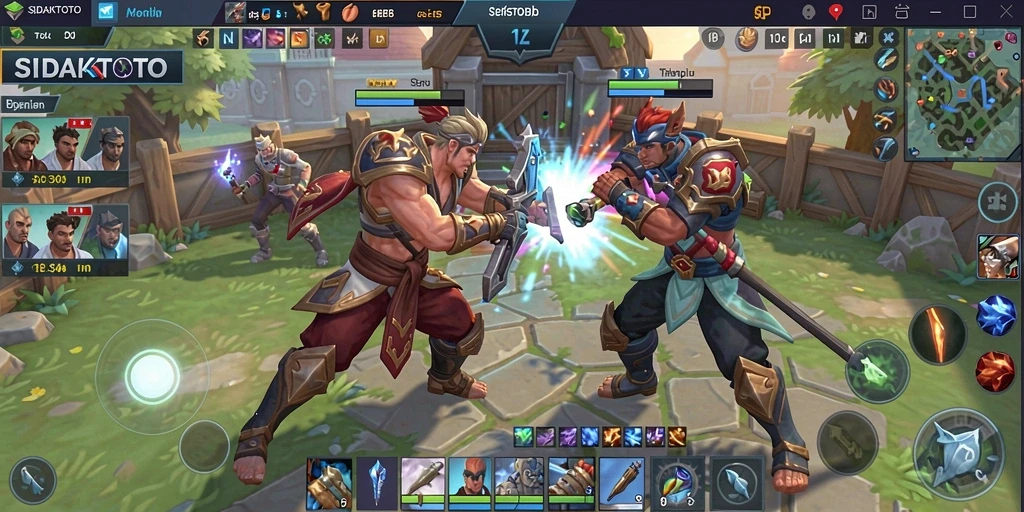 Tangkapan layar gameplay <strong>SIDAKTOTO</strong> menunjukkan aksi pertarungan epik dalam arena MOBA.