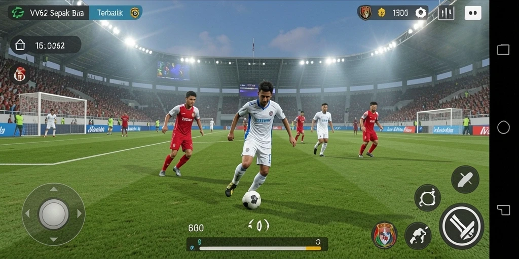 Screenshot gameplay menunjukkan aksi seru di lapangan sepak bola.